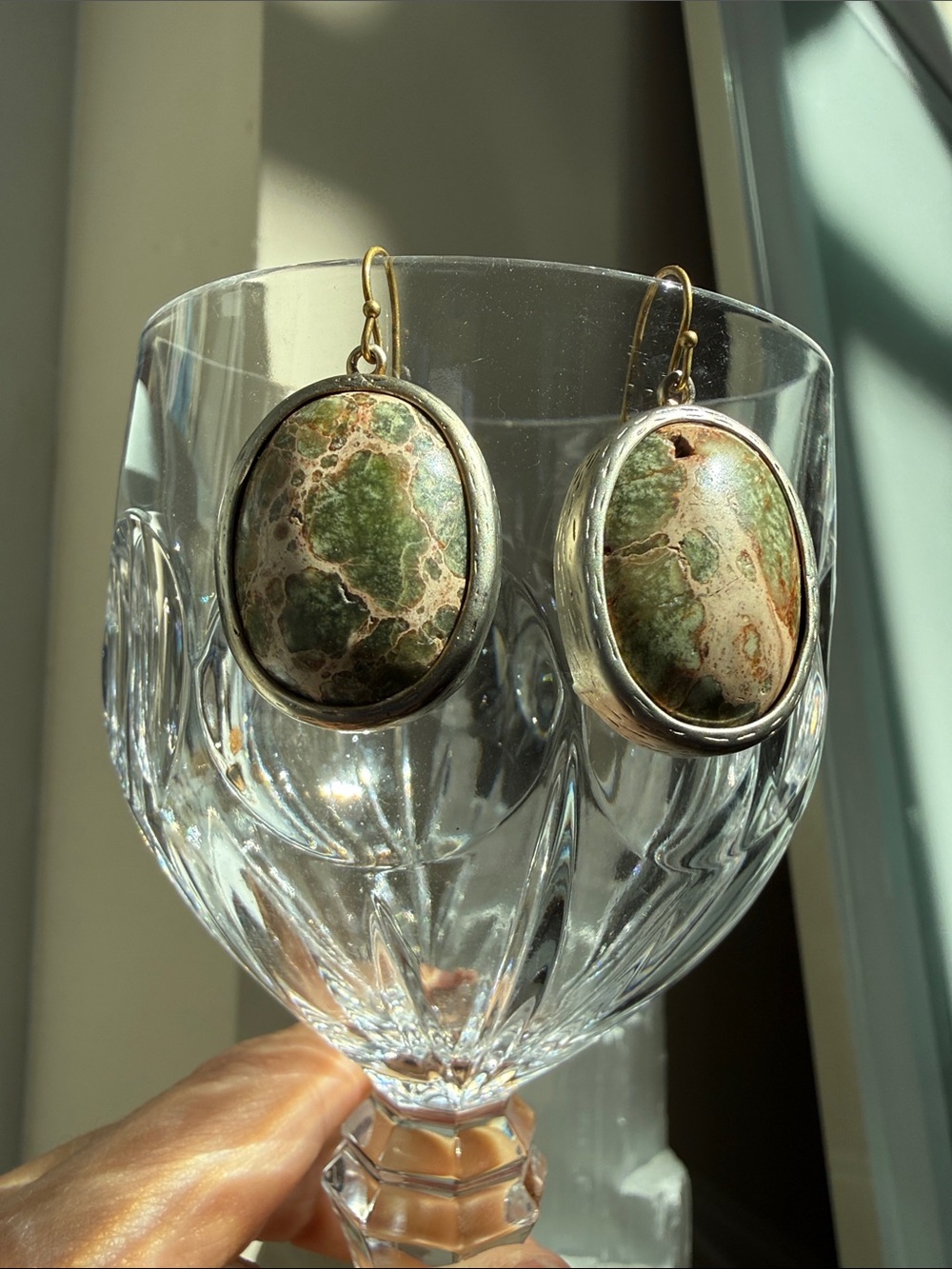 Anthropologie Green and Brown Jasper Oval Drop Earrings